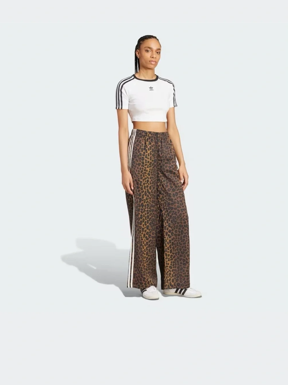 adidas Originals Women's Leopard Print Wide-Leg Satin Pants with White Stripes - Picture 3 of 6